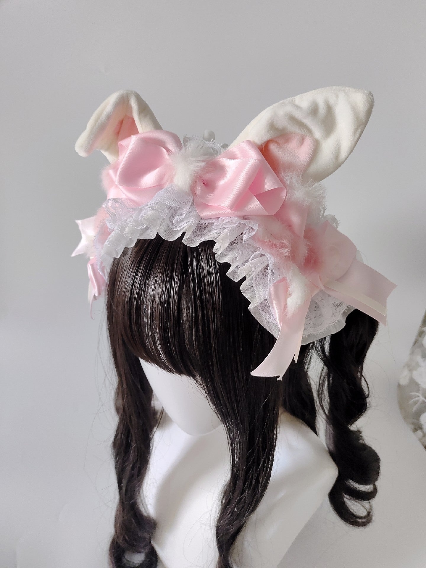 Pink and White Lolita Rabbit Ear Headband with Polka Dot Bow