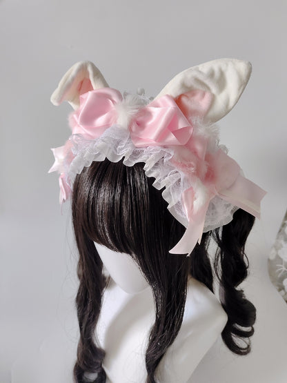 Pink and White Lolita Rabbit Ear Headband with Polka Dot Bow