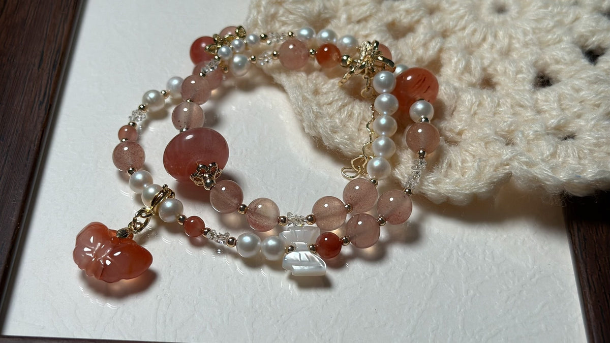 South Red Agate Butterfly Pearl Double Wrap Bracelet