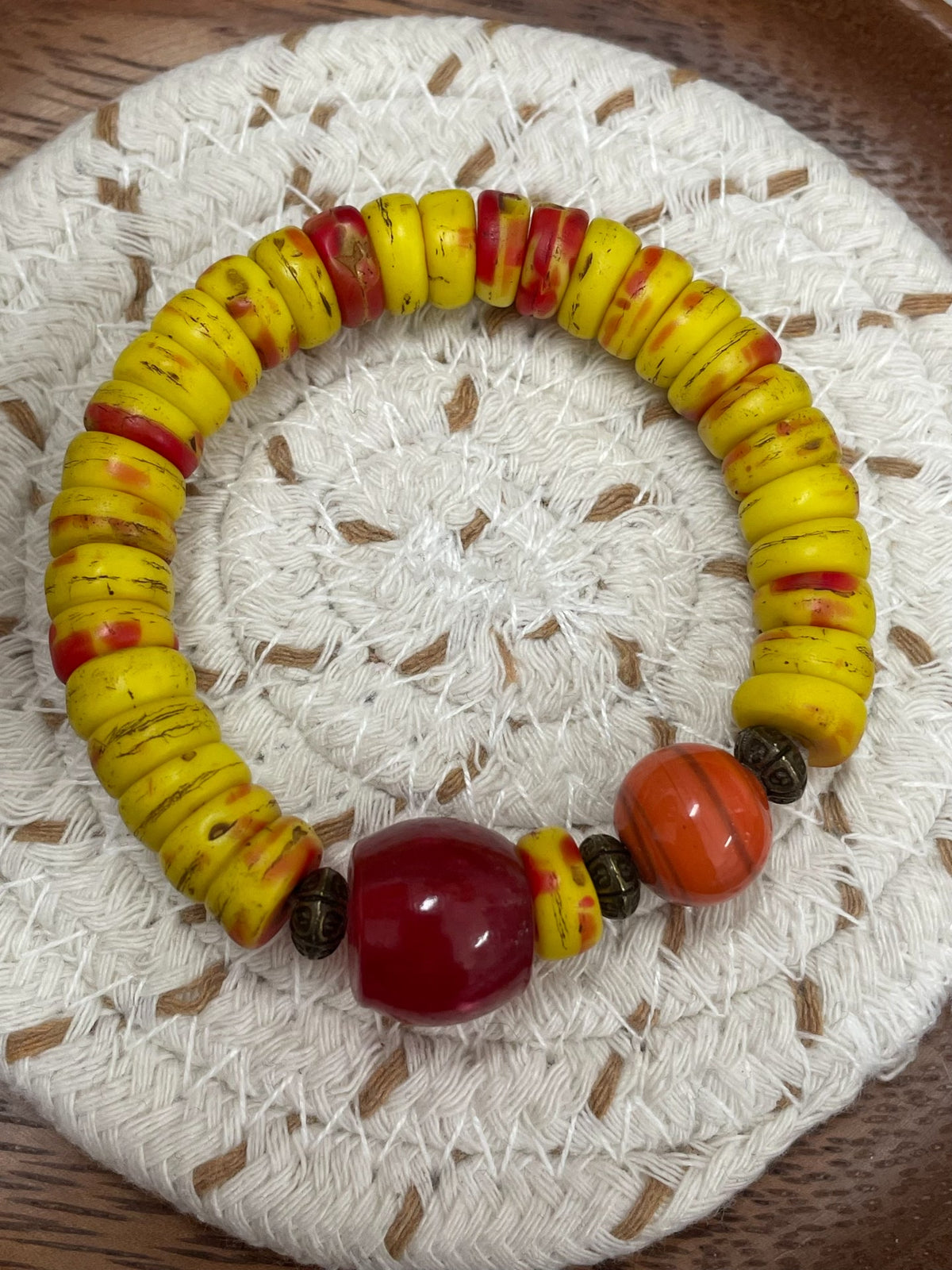 Vintage Glass Bead Bracelet Yellow Red Orange