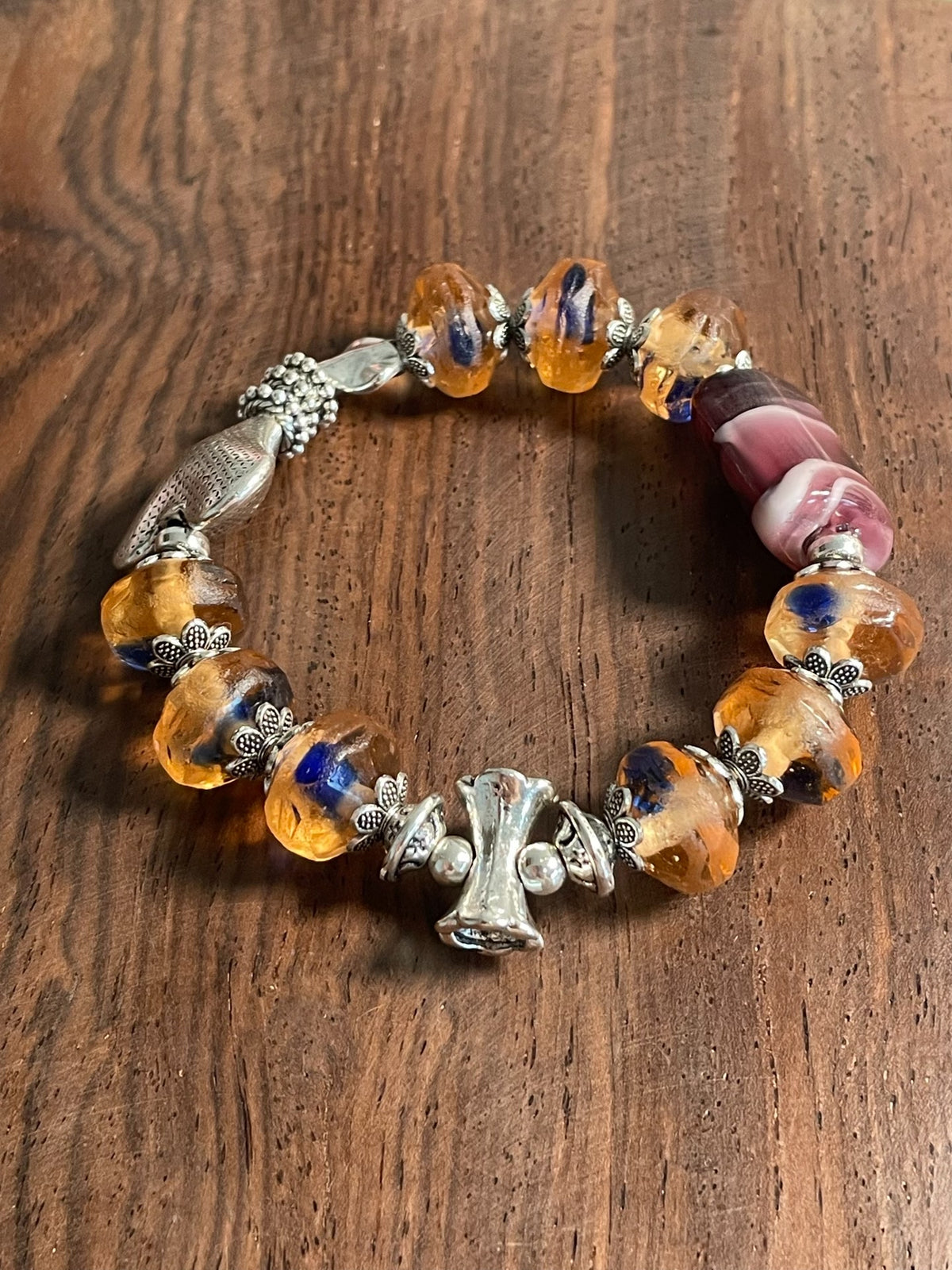 Amber Glass Beaded Charm Bracelet