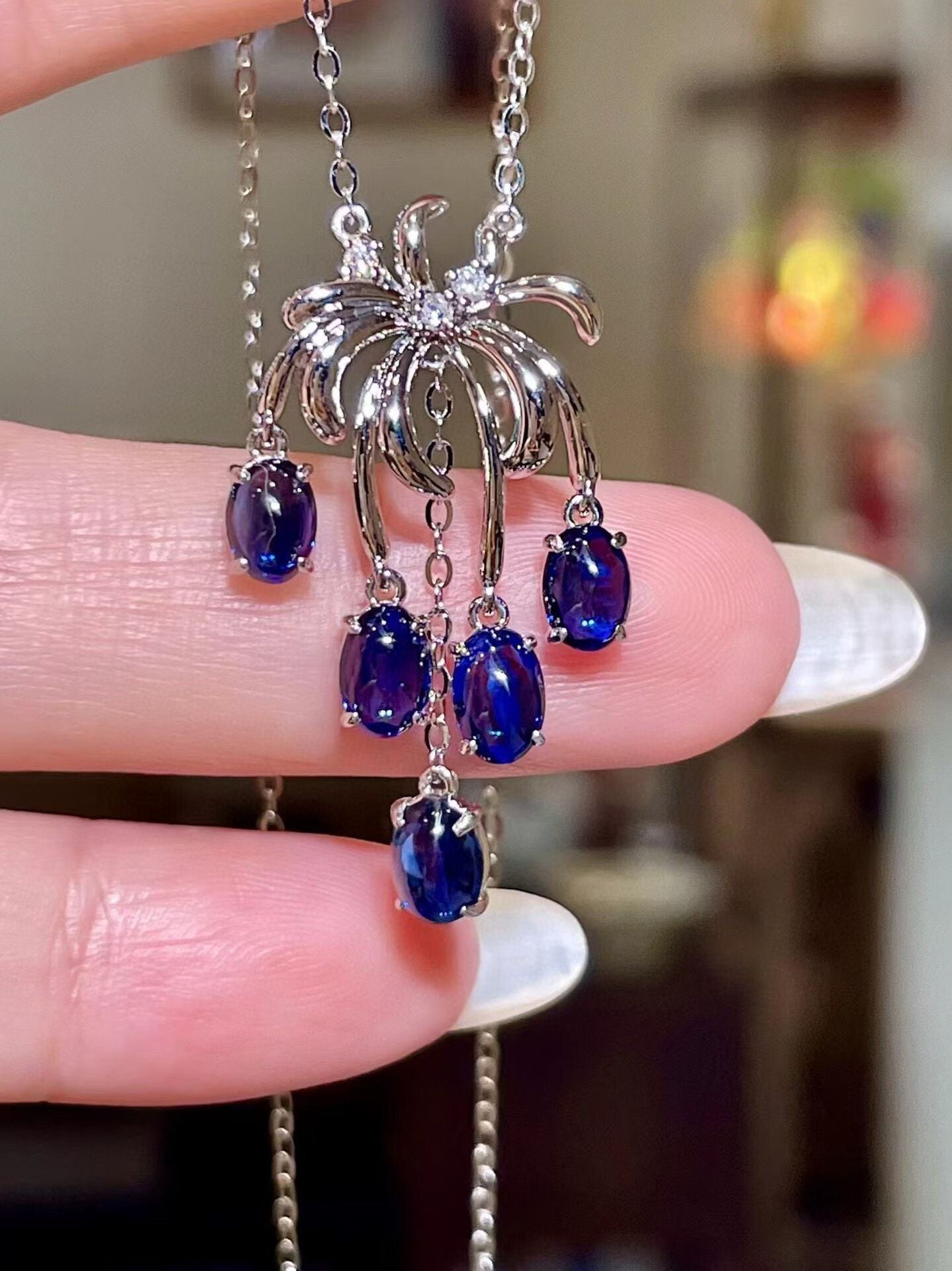 18K White Gold Palm Tree Pendant Necklace with 2.58ct Royal Blue Sapphires