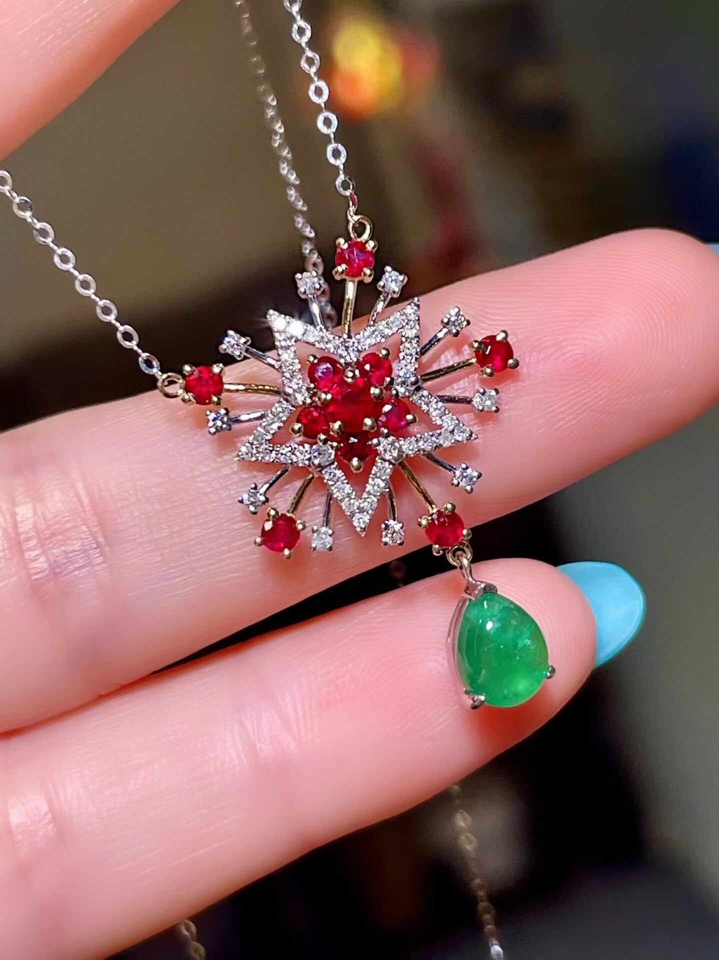 Starburst Pendant with Red and Green Gemstones