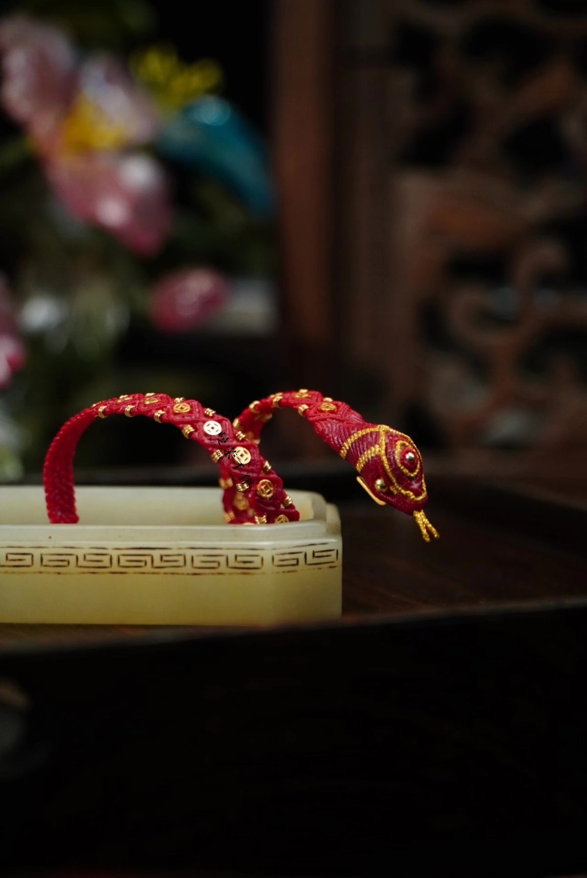 Handwoven Red Snake Bracelet with Gold Coins