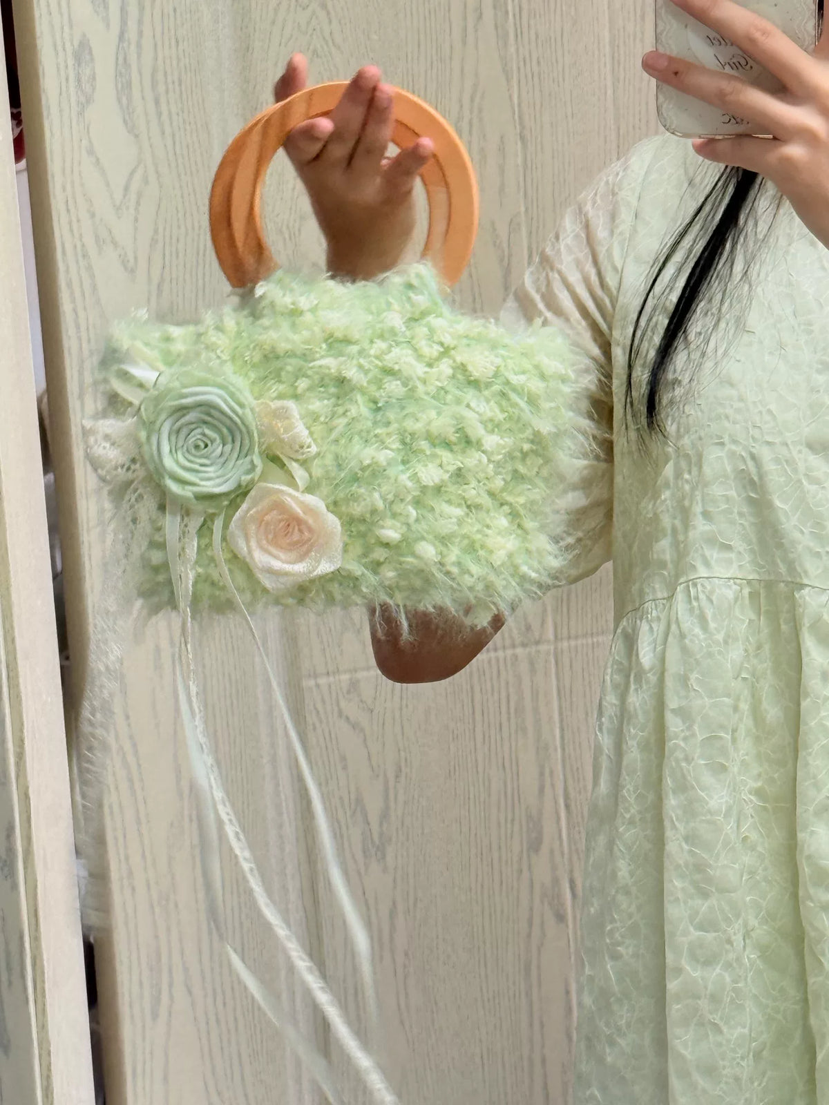 Plush Yarn Bag with Wooden Ring Handle