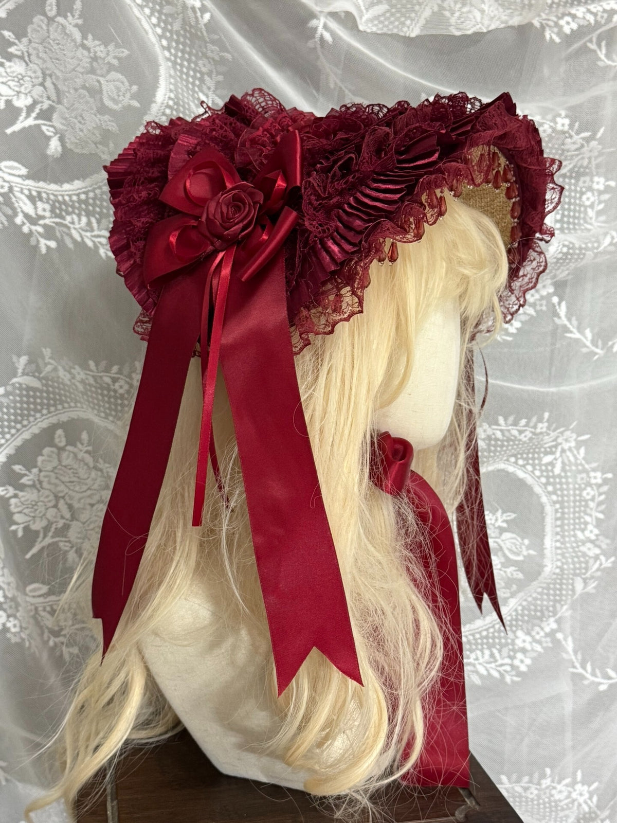 Wine Red Lolita Bonnet with Satin Bow