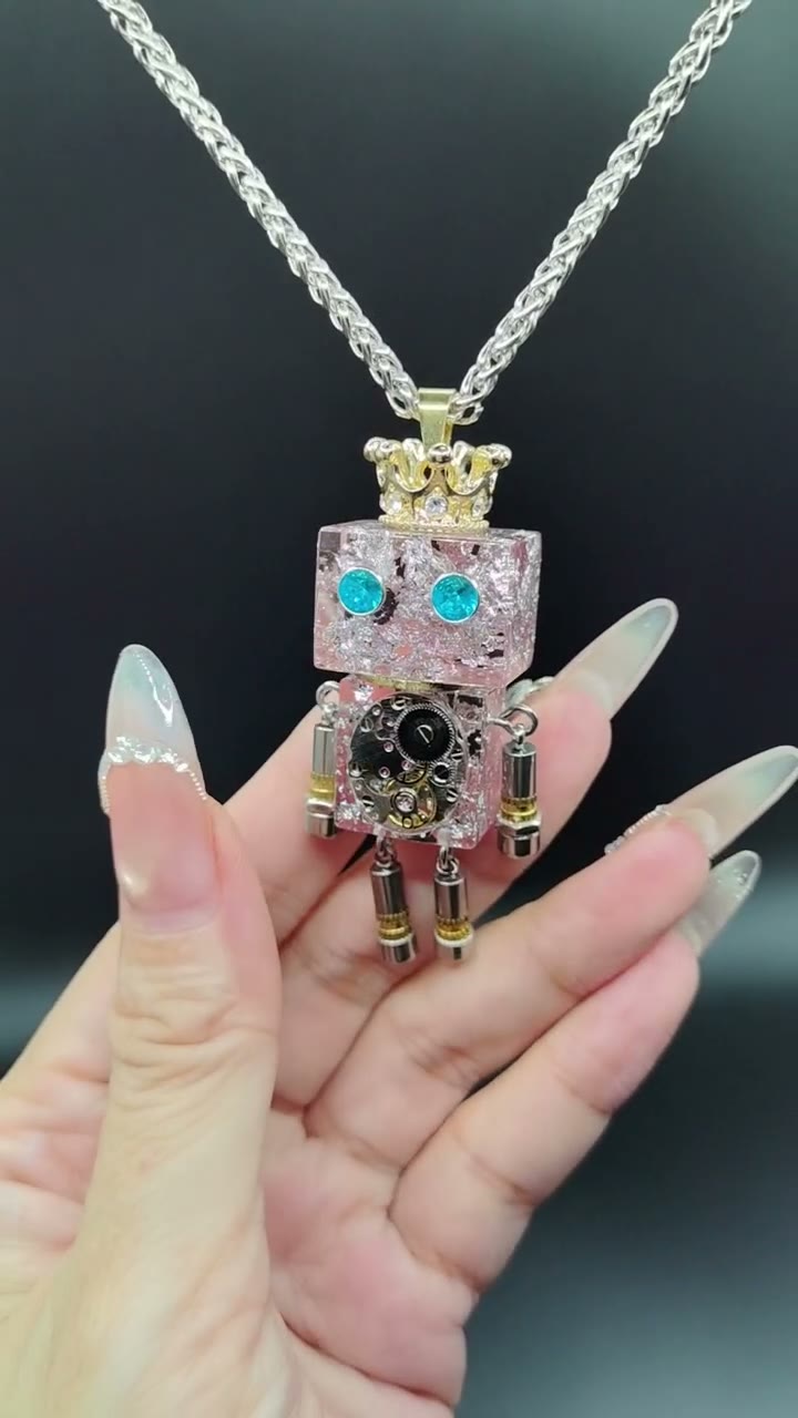 Pink Robot Pendant with Crown