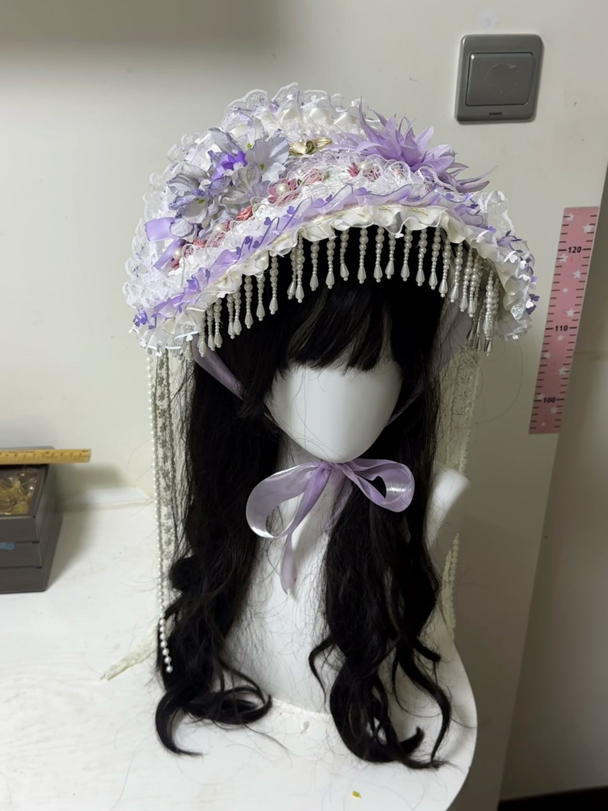 Purple Lolita Bonnet with Pearl Trim