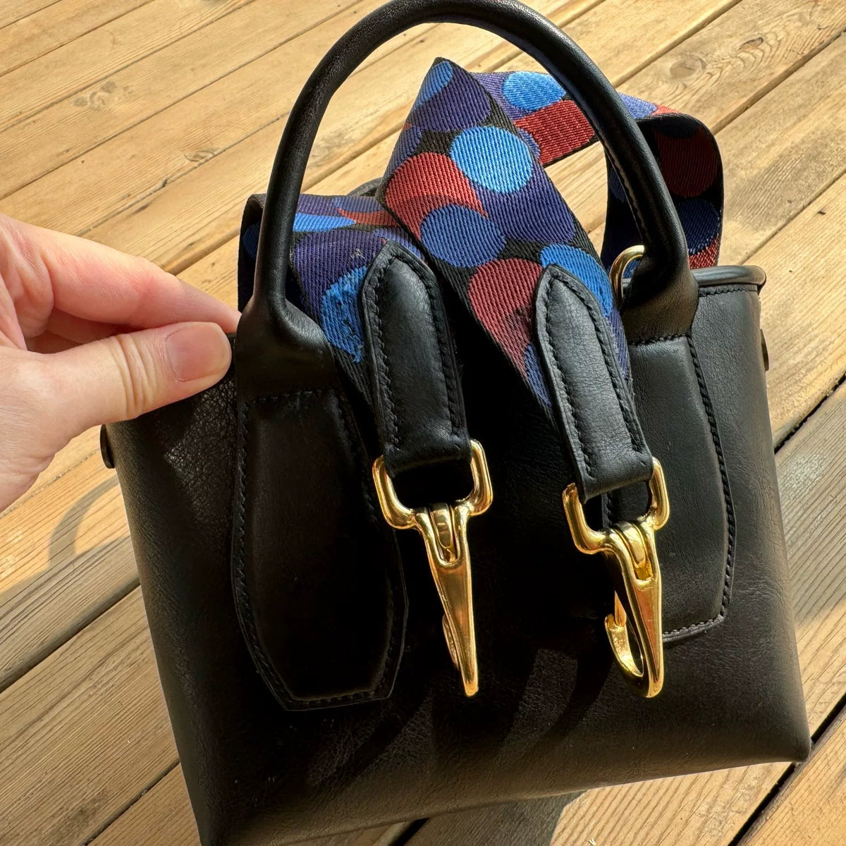 Handgenaaide zwarte leren mini tote tas