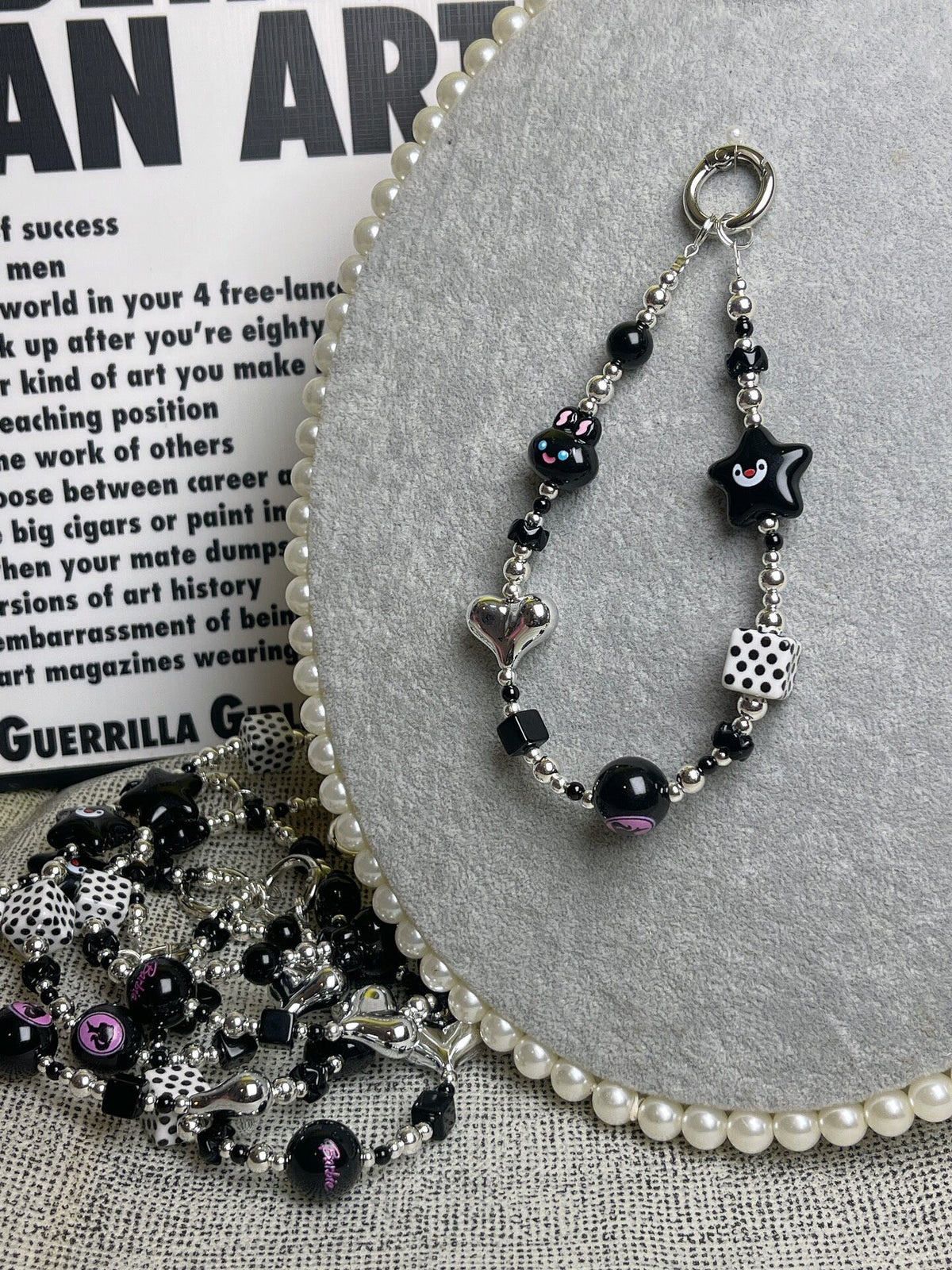 Handmade Black White Beaded Phone Chain