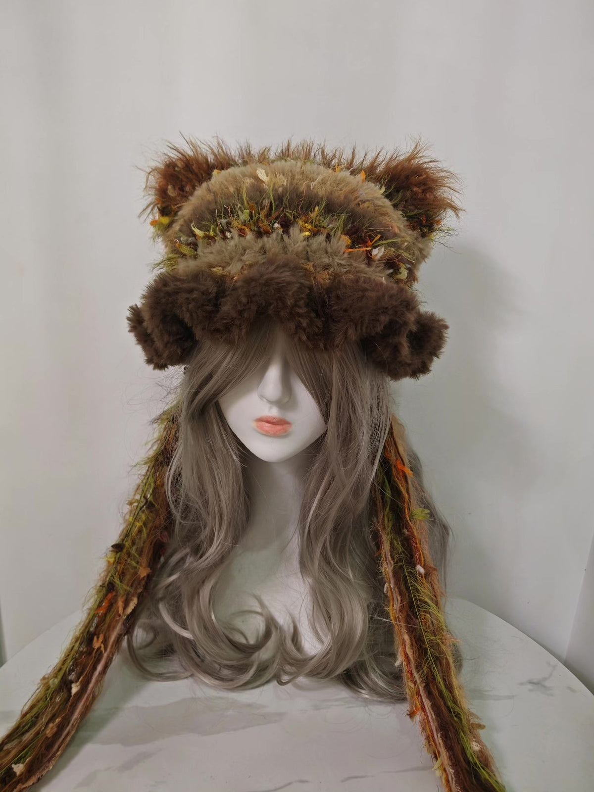 Cat Ear Winter Hat Brown Green Orange