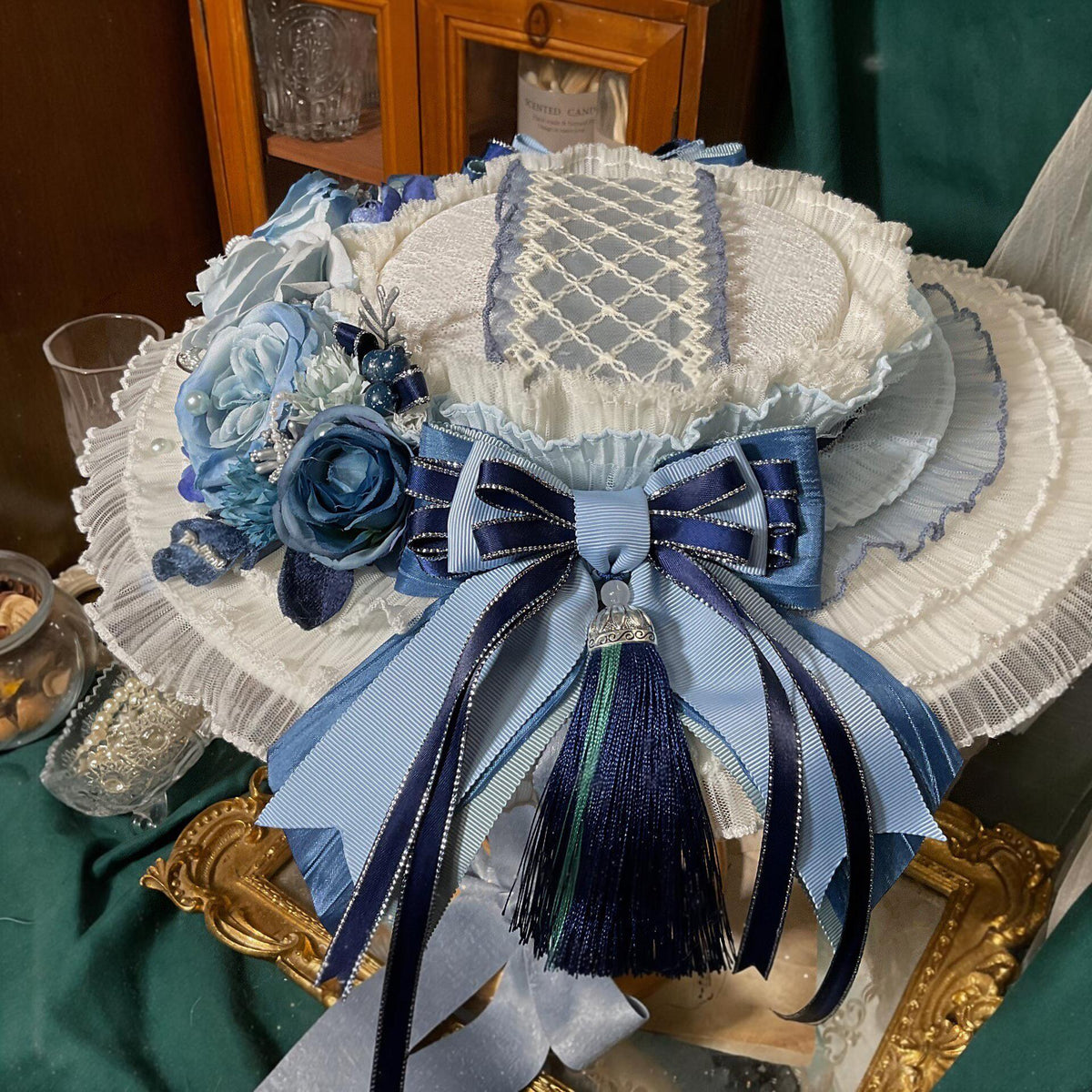 Lolita Flat Hat with Blue Floral Bow