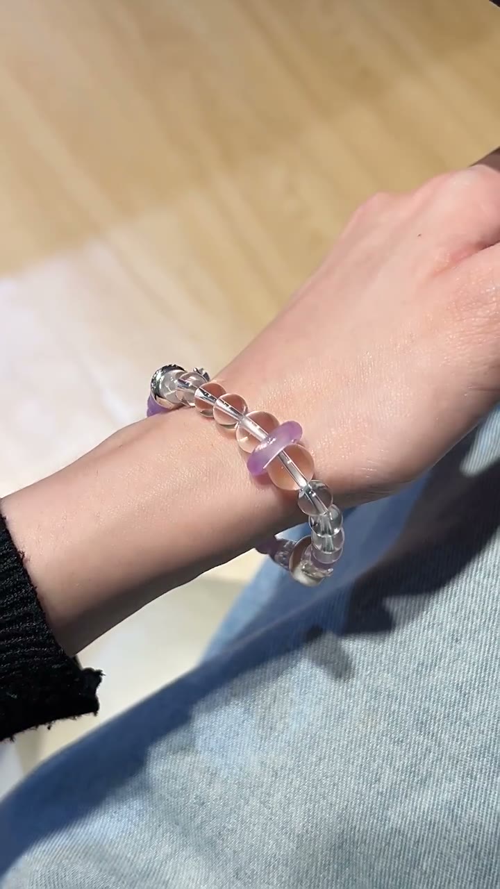S925 Silver White Crystal Purple Chalcedony Beaded Bracelet