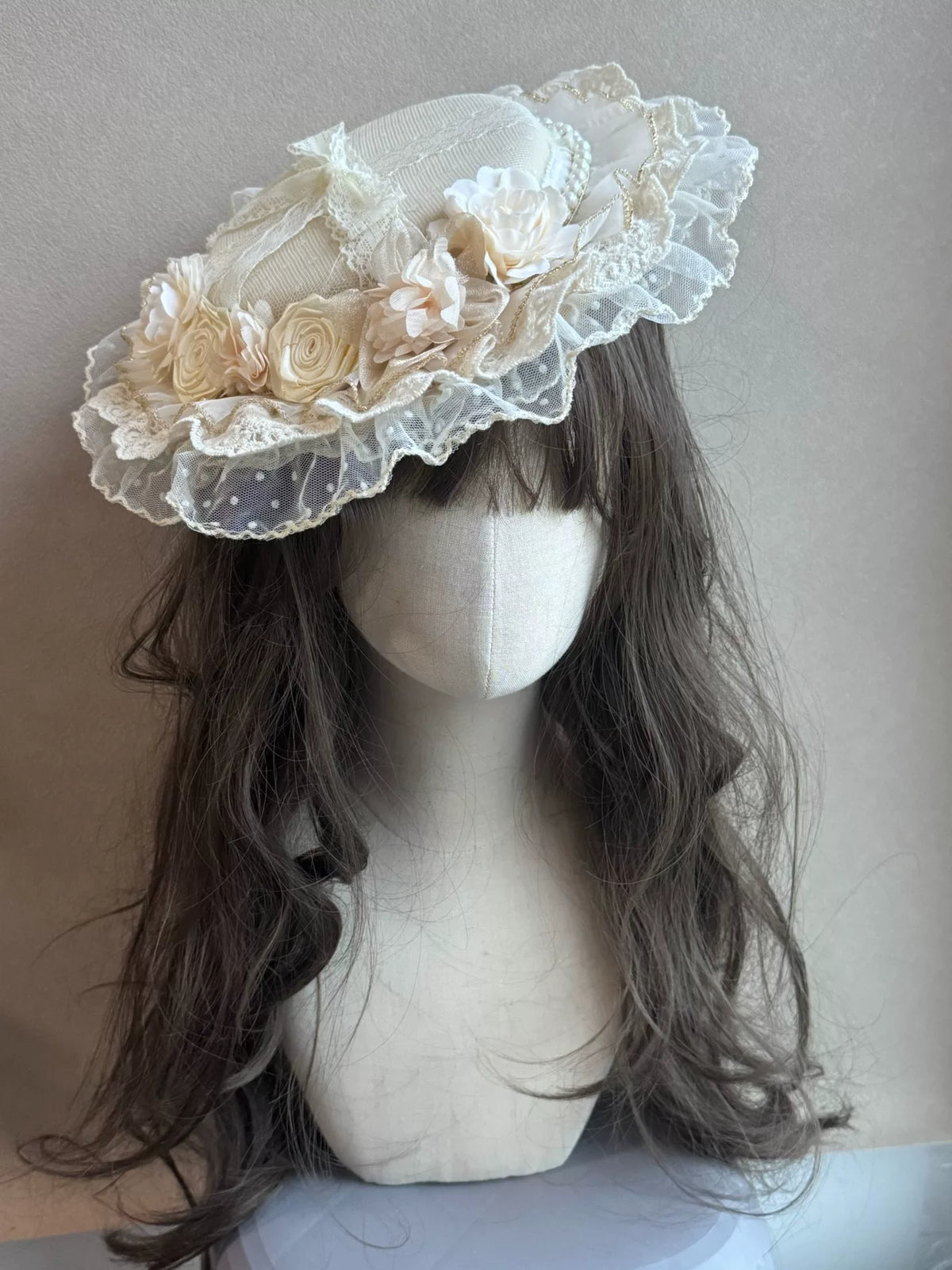 Champagne Lace Ribbon Rose Fascinator Hat