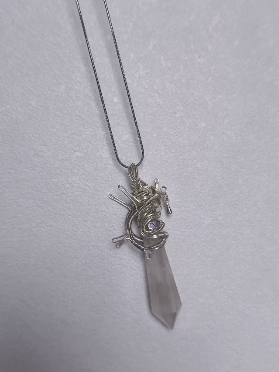 Natural White Quartz Crystal Wire Wrapped Necklace Pendulum