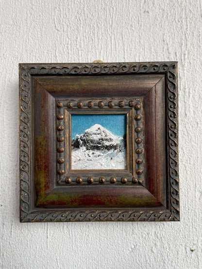 Impasto Oil Painting of Snow-Capped Mountain, 8x8cm, Vintage Wood Frame