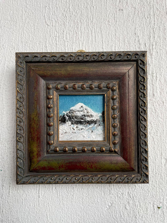 Impasto Oil Painting of Snow-Capped Mountain, 8x8cm, Vintage Wood Frame
