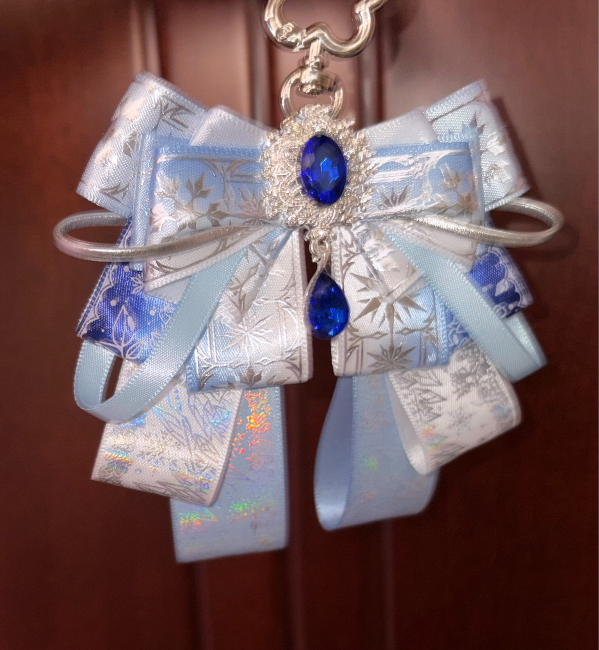 Light Blue Bow Keychain with Blue Gemstone