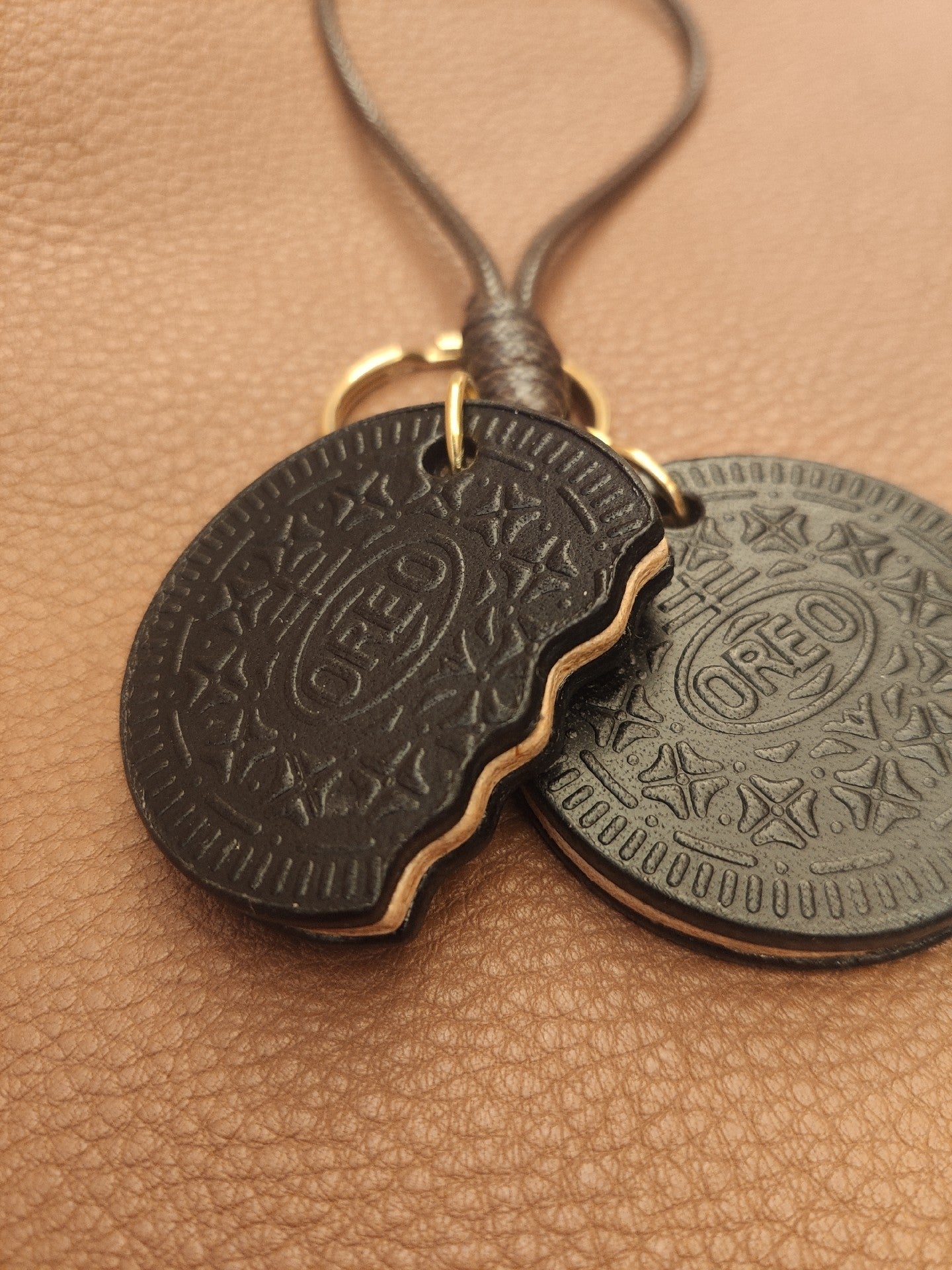 Handmade Oreo Cookie Leather Keychain with Bite Detail
