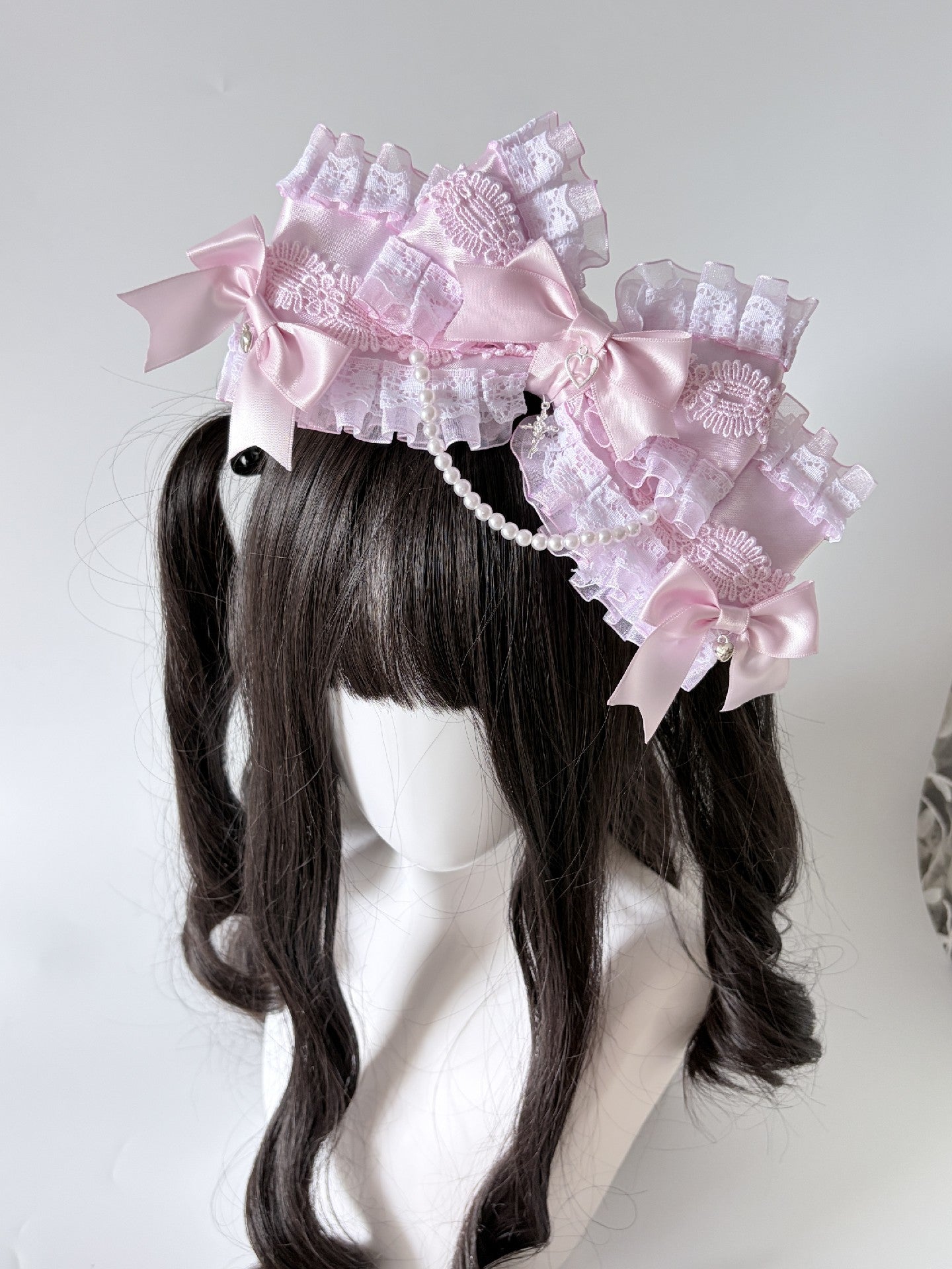 Pink Large Multi-Layer Bow Lolita Headband with Lace and Pearl Charms