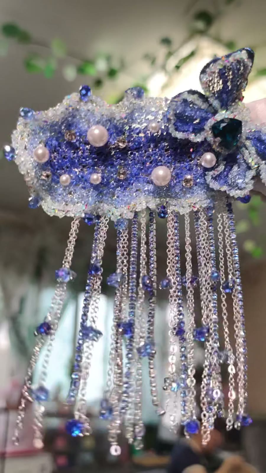 Blue Butterfly Beaded Tassel Hair Clip