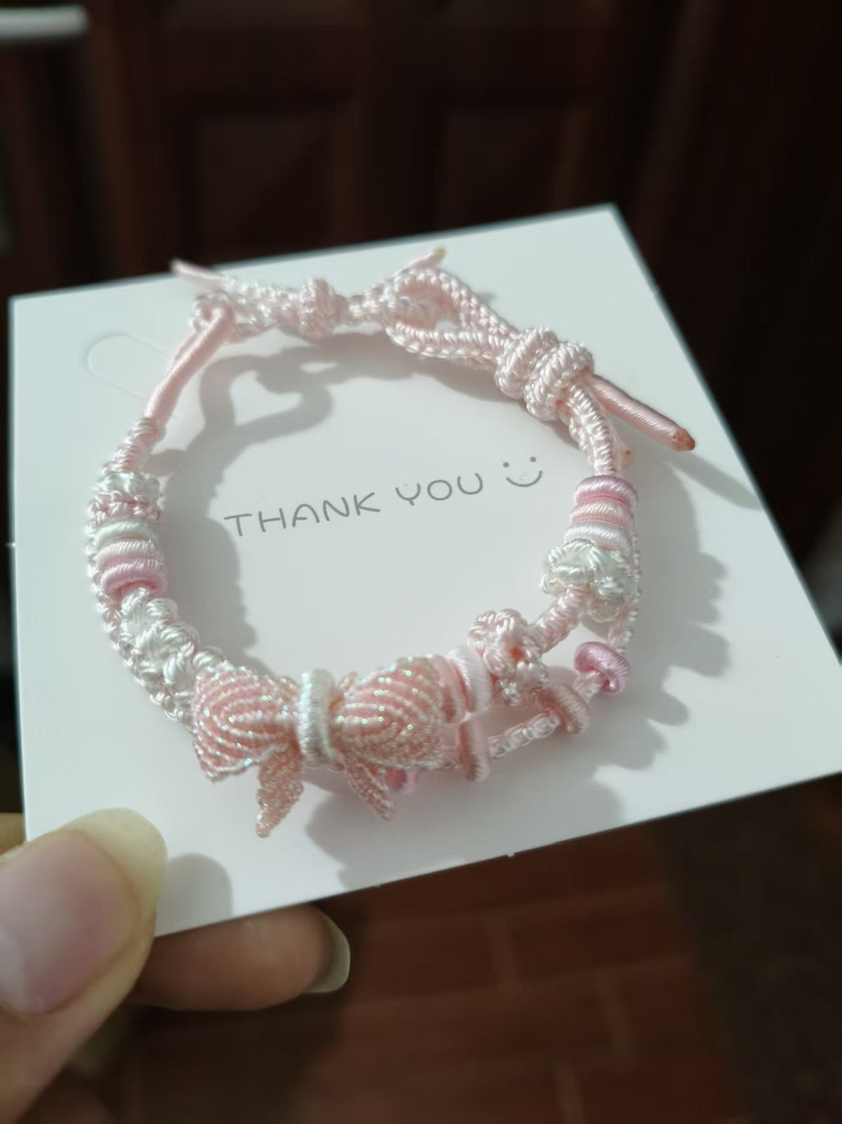 Handwoven Pink White Gradient Bracelet with Bow