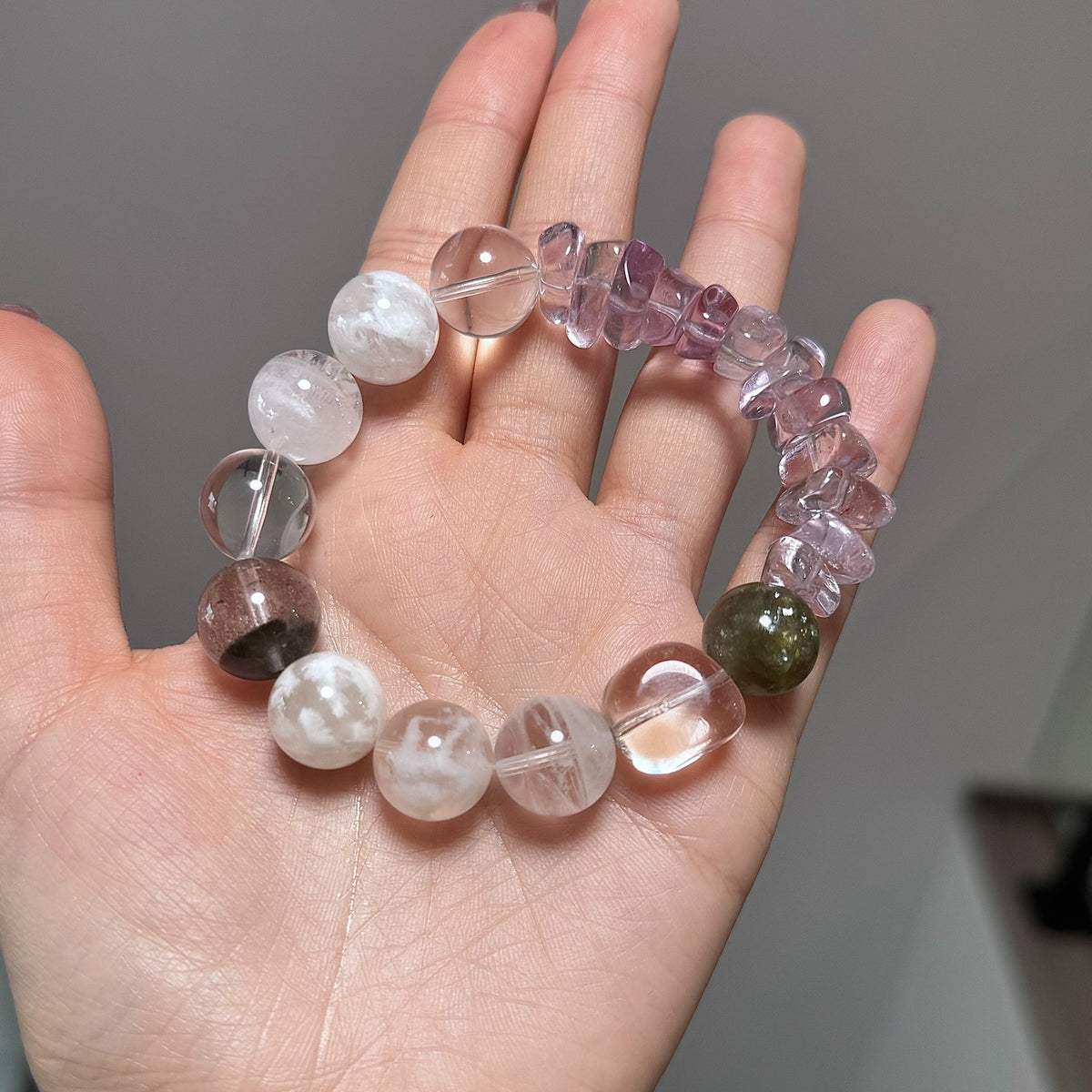 Green Phantom Amethyst White Quartz Beaded Bracelet