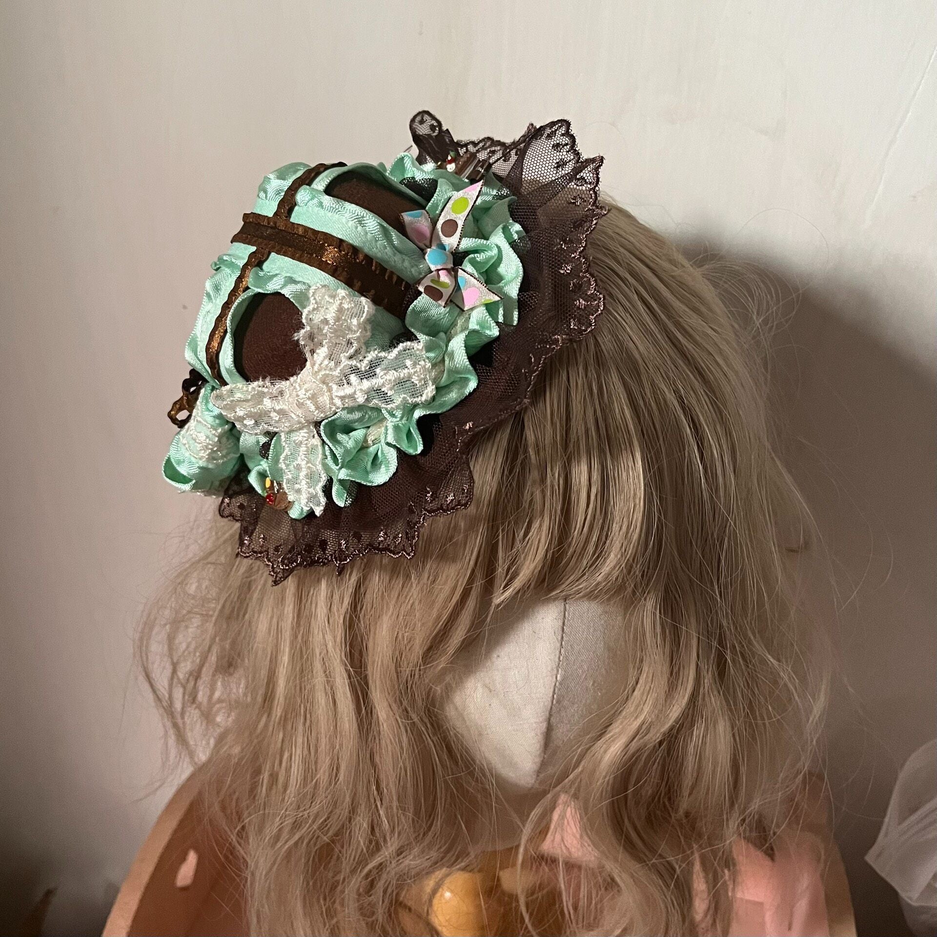 Handcrafted Lolita Mini Hat in Mint and Chocolate
