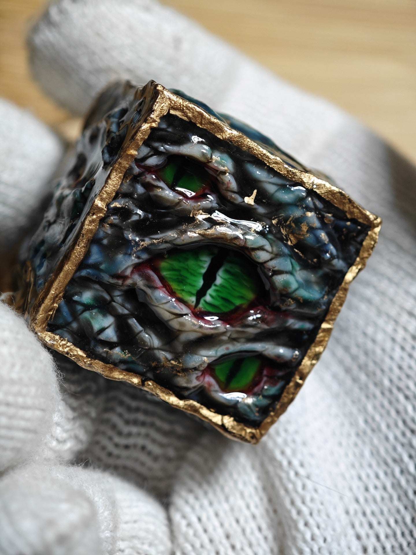 Custom Handmade Resin d20 Die with Snake Eye and Gold Leaf Design
