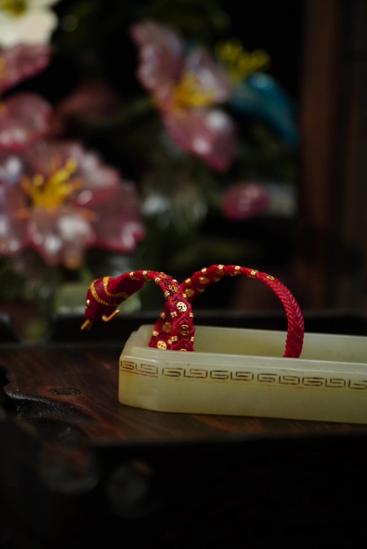 Handwoven Red Snake Bracelet with Gold Coins