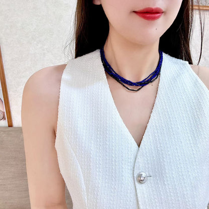 Six-Layer Strand Beaded Necklace, Faceted Blue and Black Beads, 40cm