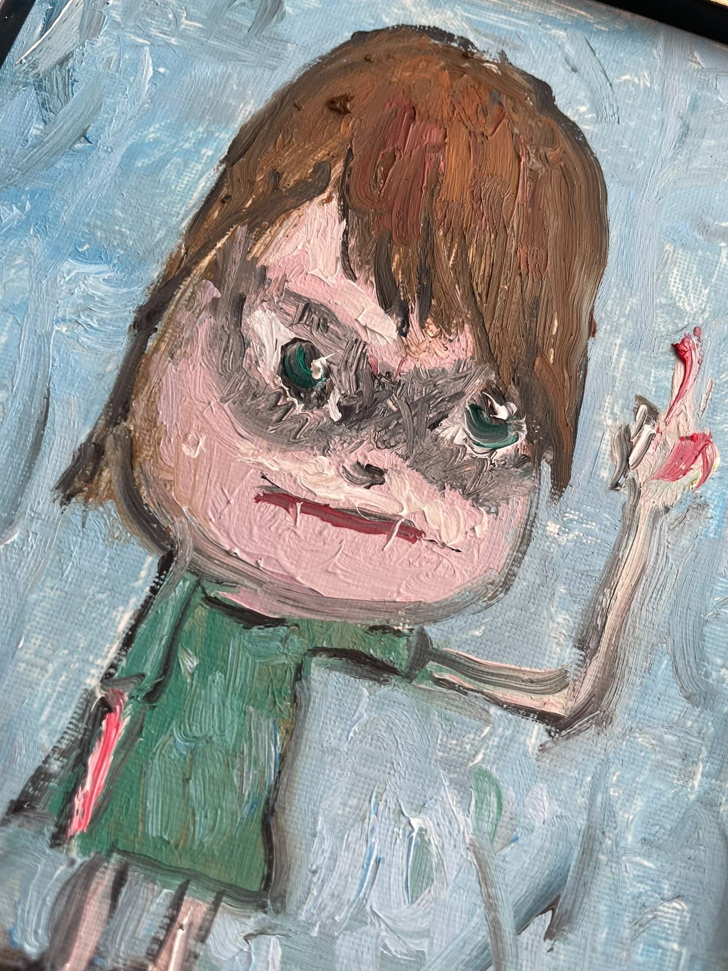 Framed Hand-Painted Oil Portrait of Child with Dark Eye Shadows
