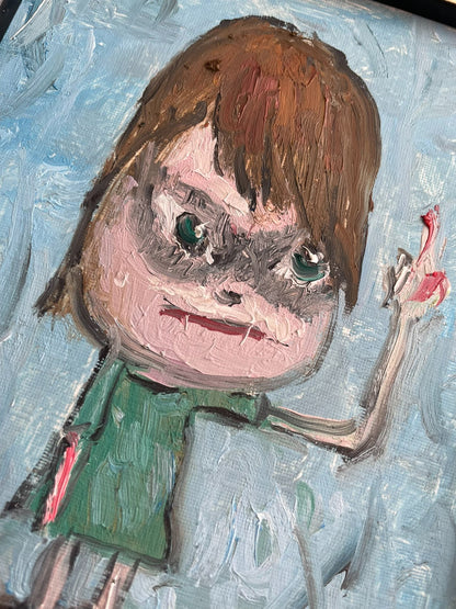 Framed Hand-Painted Oil Portrait of Child with Dark Eye Shadows