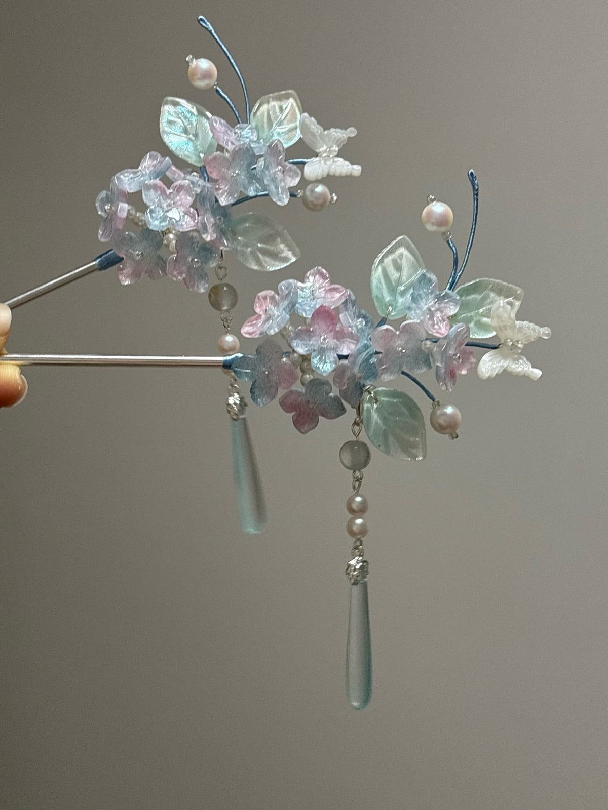 Cloud Butterfly Jade Glazed Glass Hairpin Set