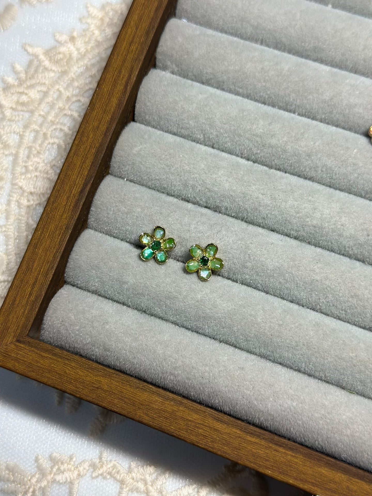 Small Flower Shell Inlay Earrings with Dyed Green Petals and Four Gemstone Colors