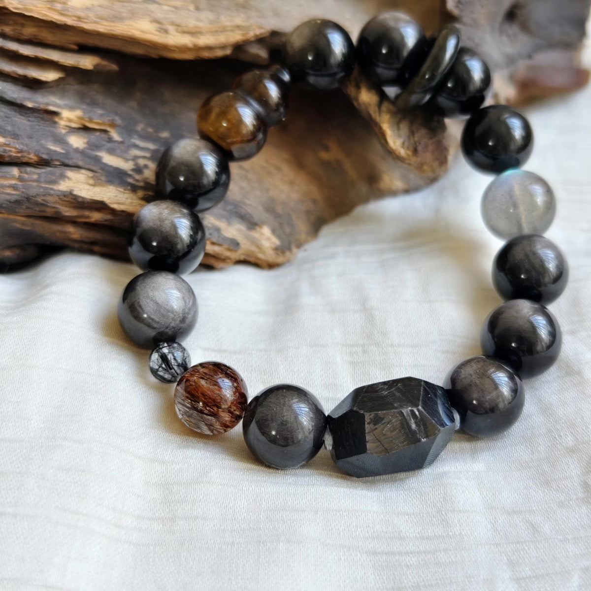 Silver Obsidian Beaded Bracelet
