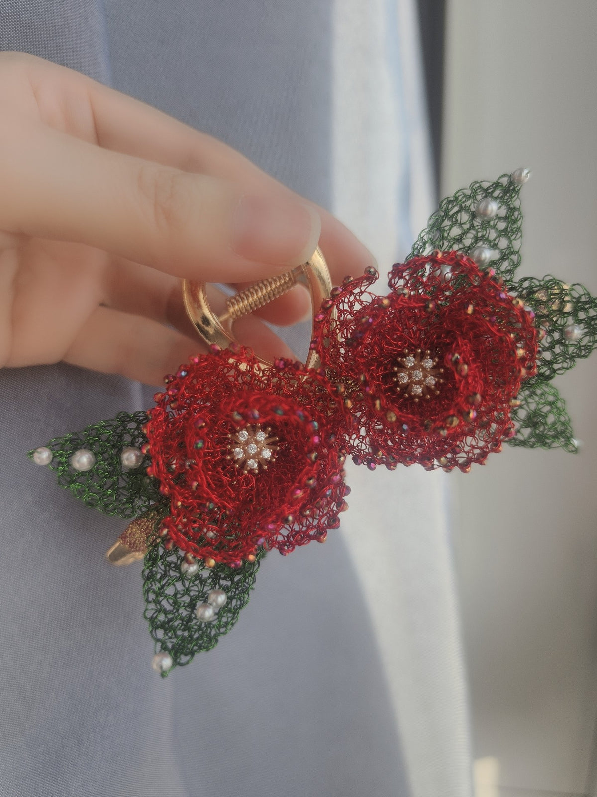 Red Peony Wire Claw Hair Clip