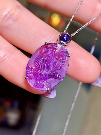 Pt950 Platinum Pendant with Purple Crystal Cameo and Blue Gemstone Accent