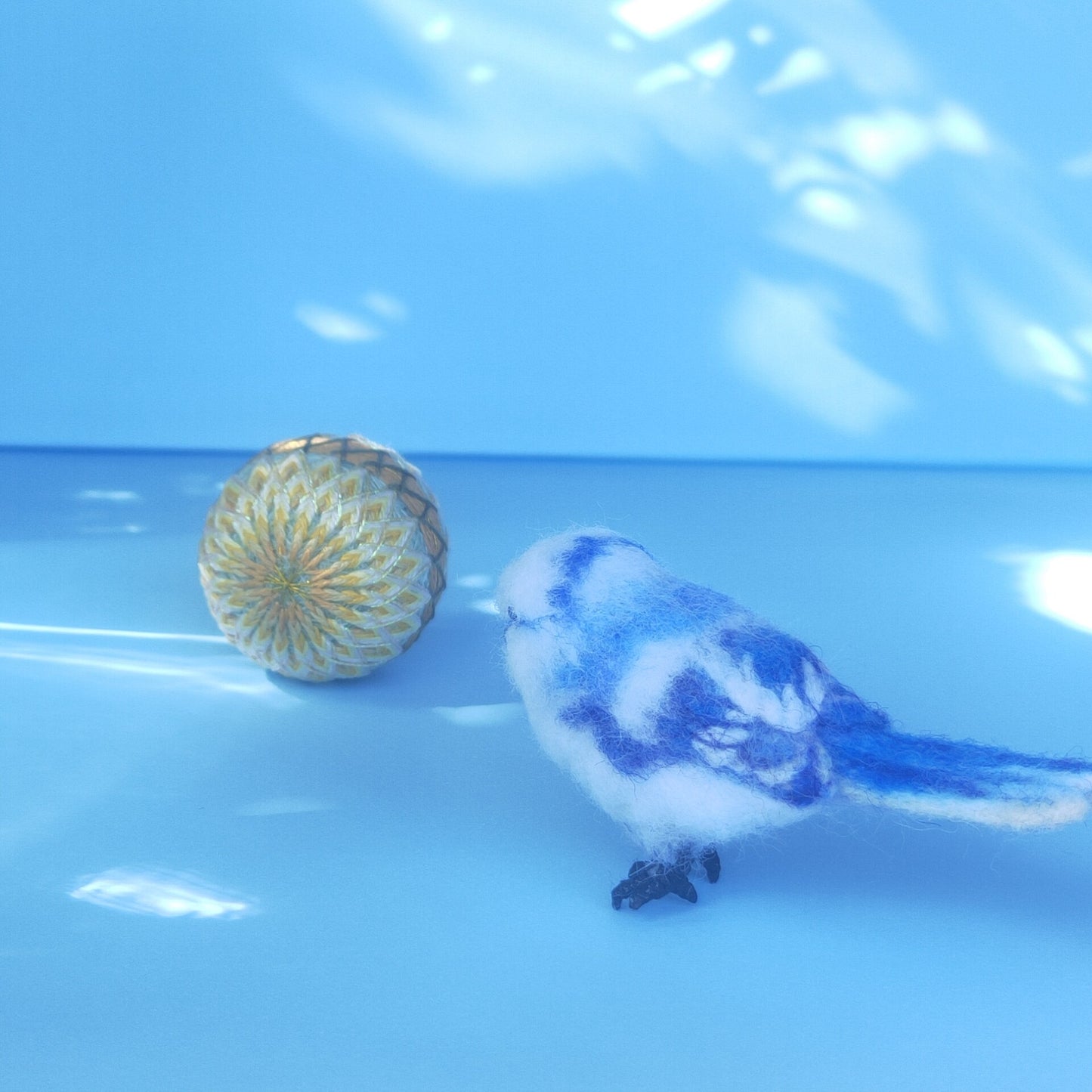 Needle-Felted Wool Miniature Bird Figurine with Blue and White Plumage