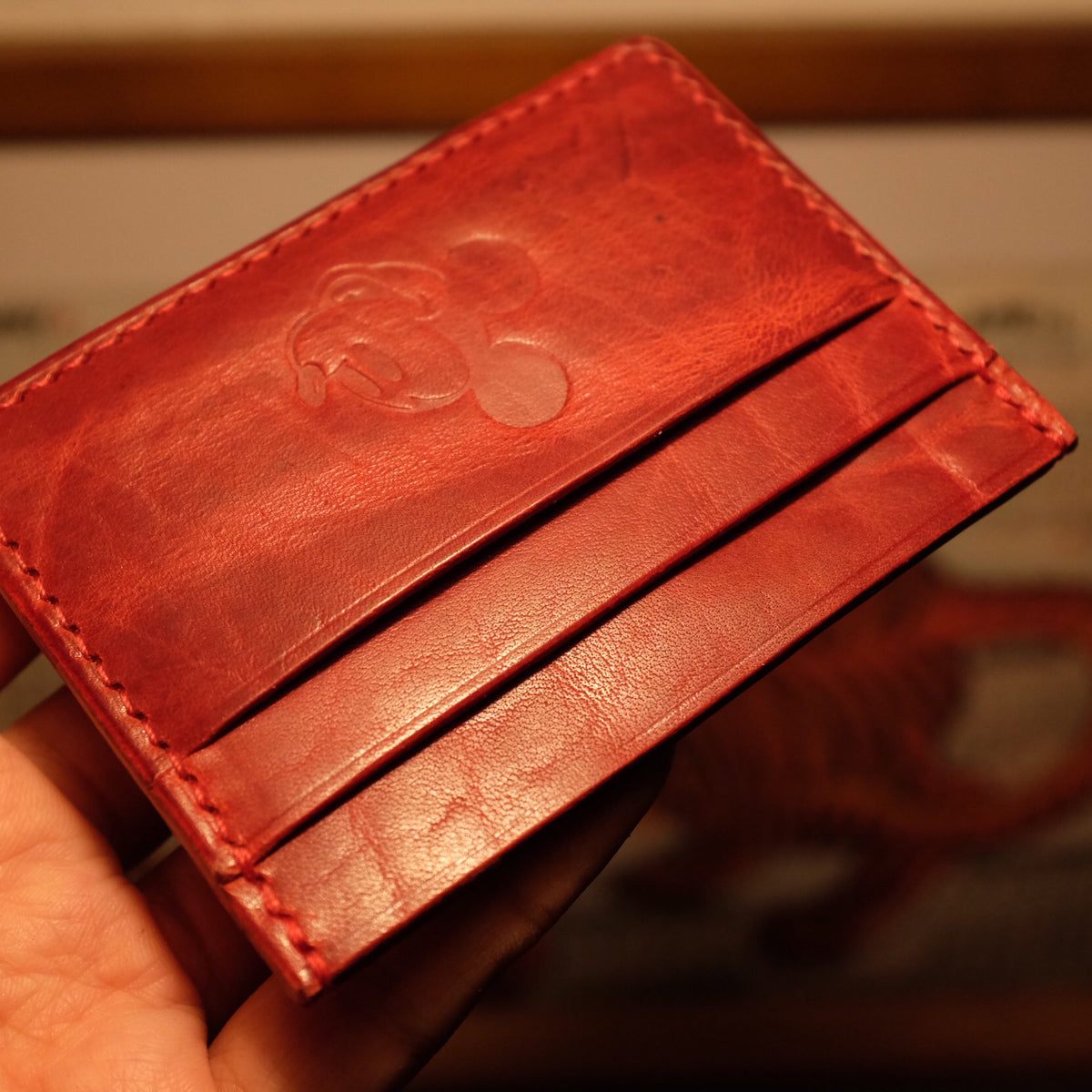 Red Leather Card Holder Mickey Embossed