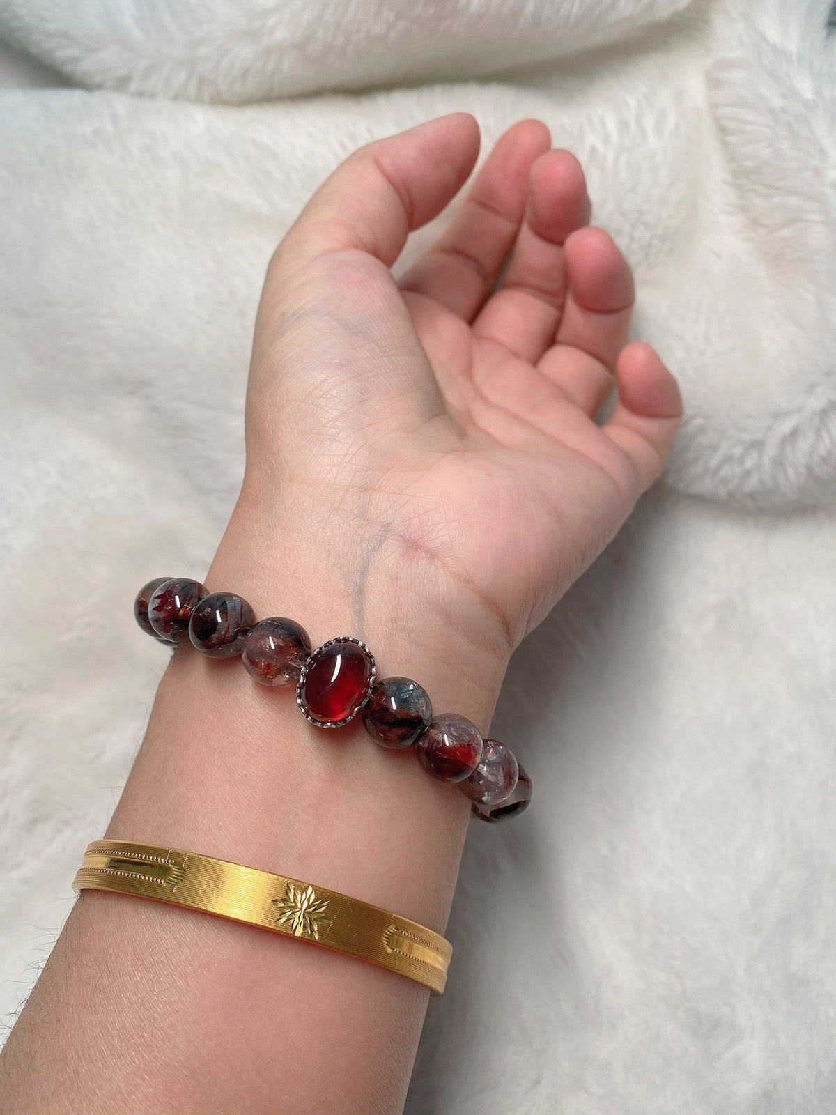 Red Phantom Quartz Beaded Bracelet Silver Centerpiece