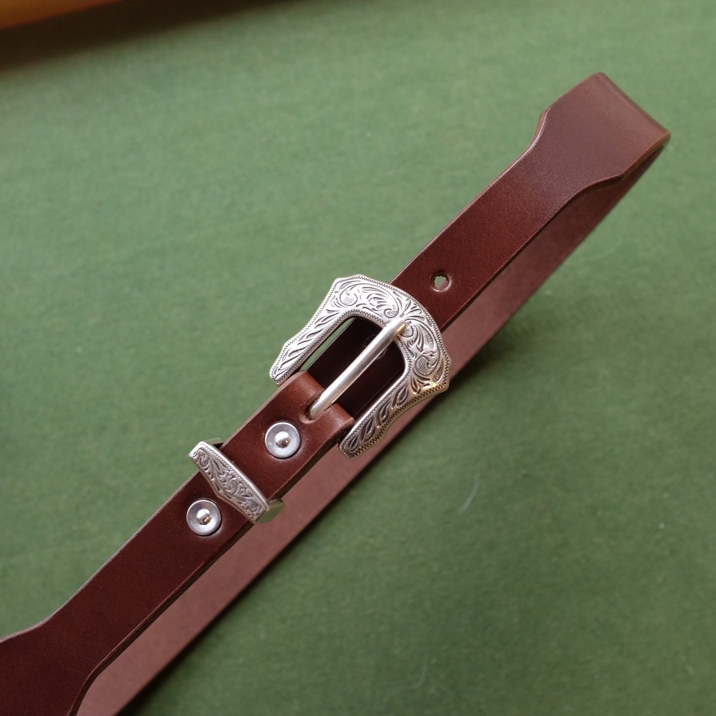 Tapered Leather Belt with Engraved Metal Buckle
