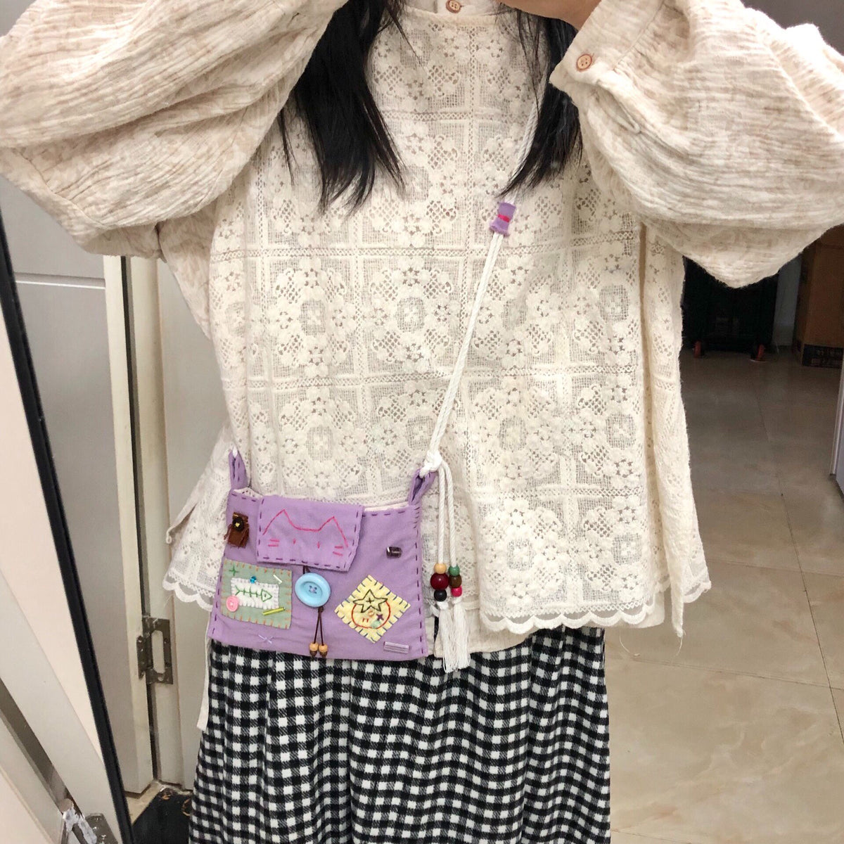 Handmade Cotton Crossbody Bag Cat Flap