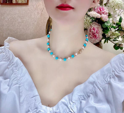 Blue Turquoise and Akoya Pearl Necklace with Gold-Toned Spacers