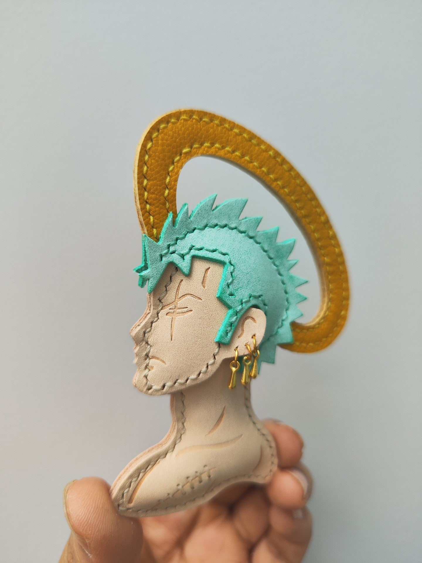 Handmade Leather Profile Charm with Teal Hair and Yellow Strap