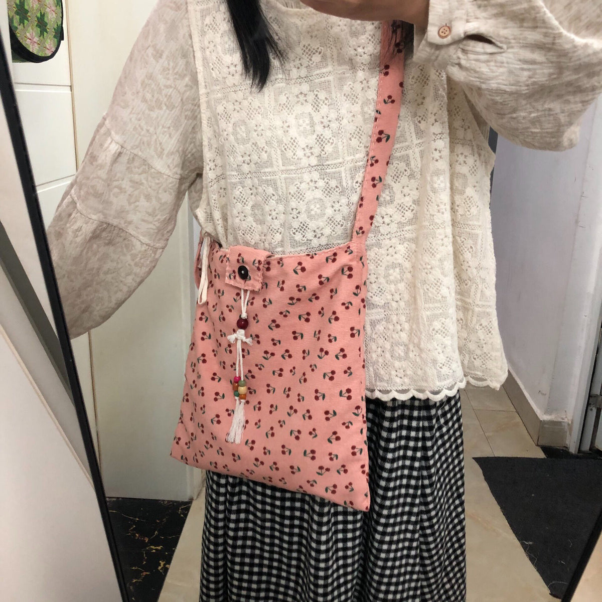 Handmade Corduroy Floral Crossbody Bag Pink