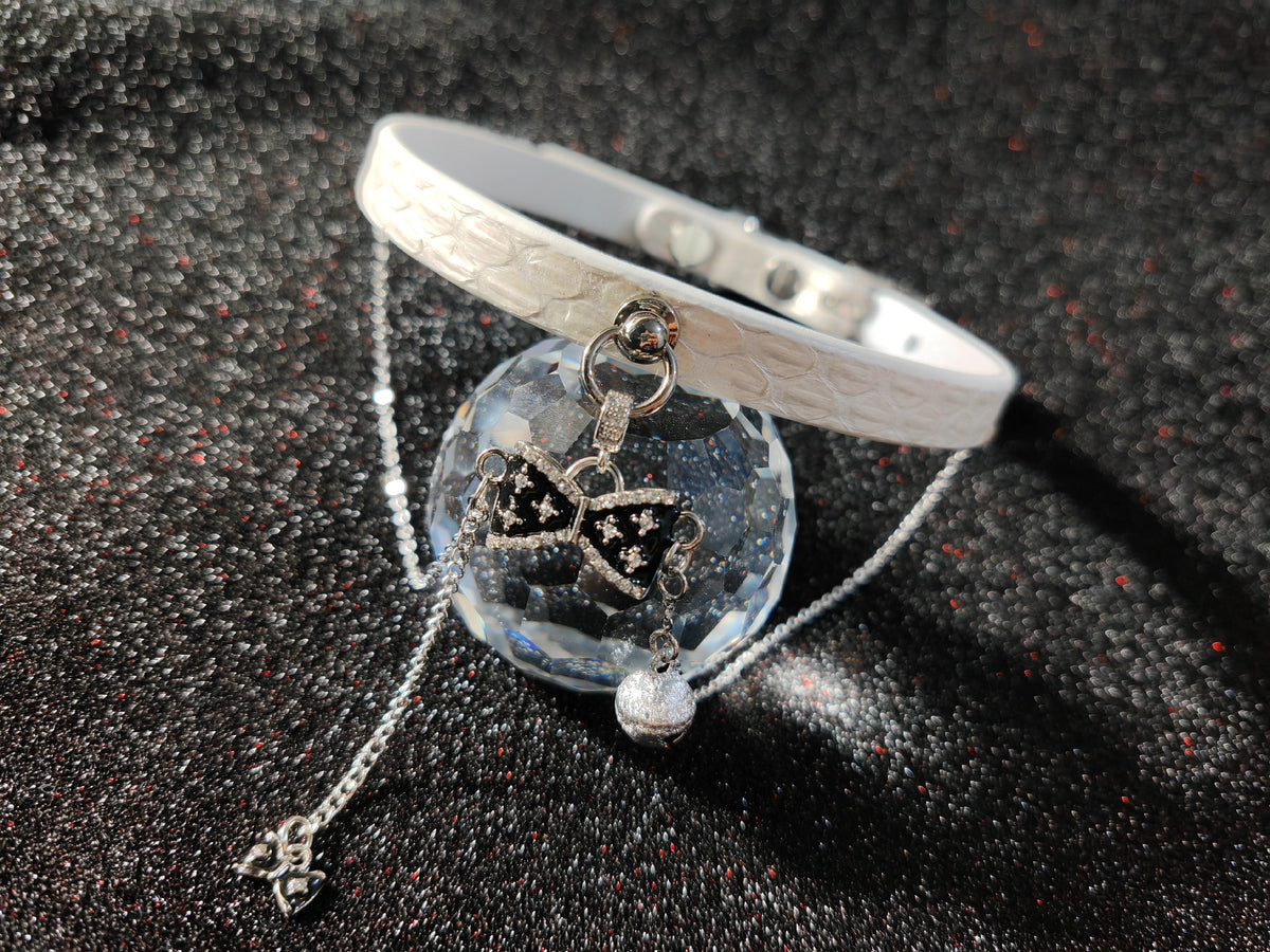 White Snakeskin Choker with Silver Bell Charm