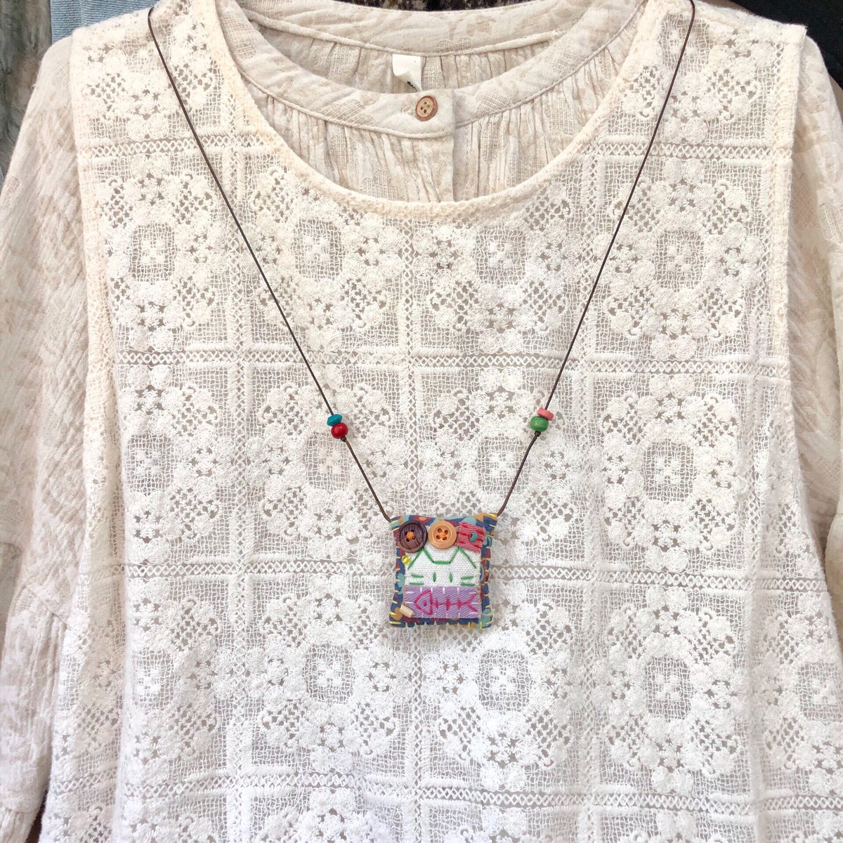 Cotton Fabric Cat and Fish Necklace