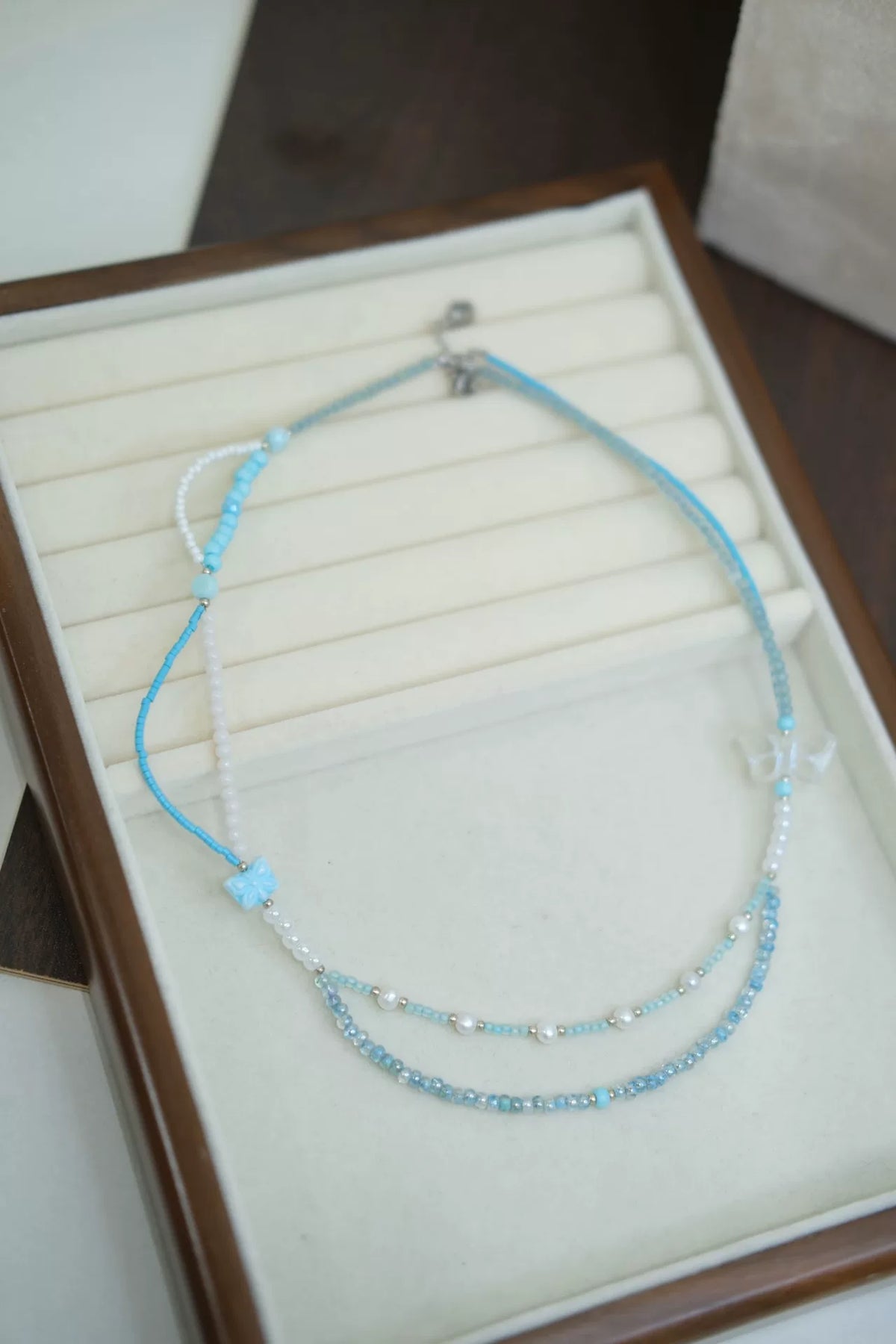 Double Layer Blue Butterfly Beaded Necklace