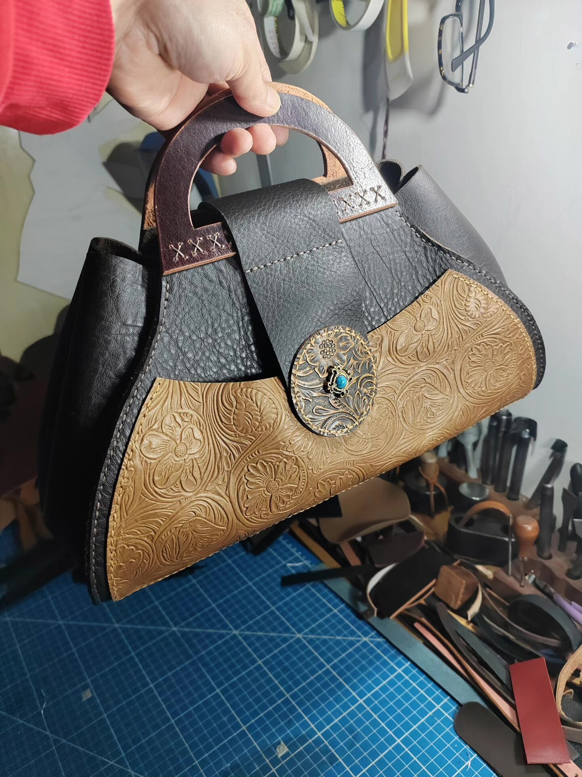 Handmade Black Pebbled Leather Vintage Handbag